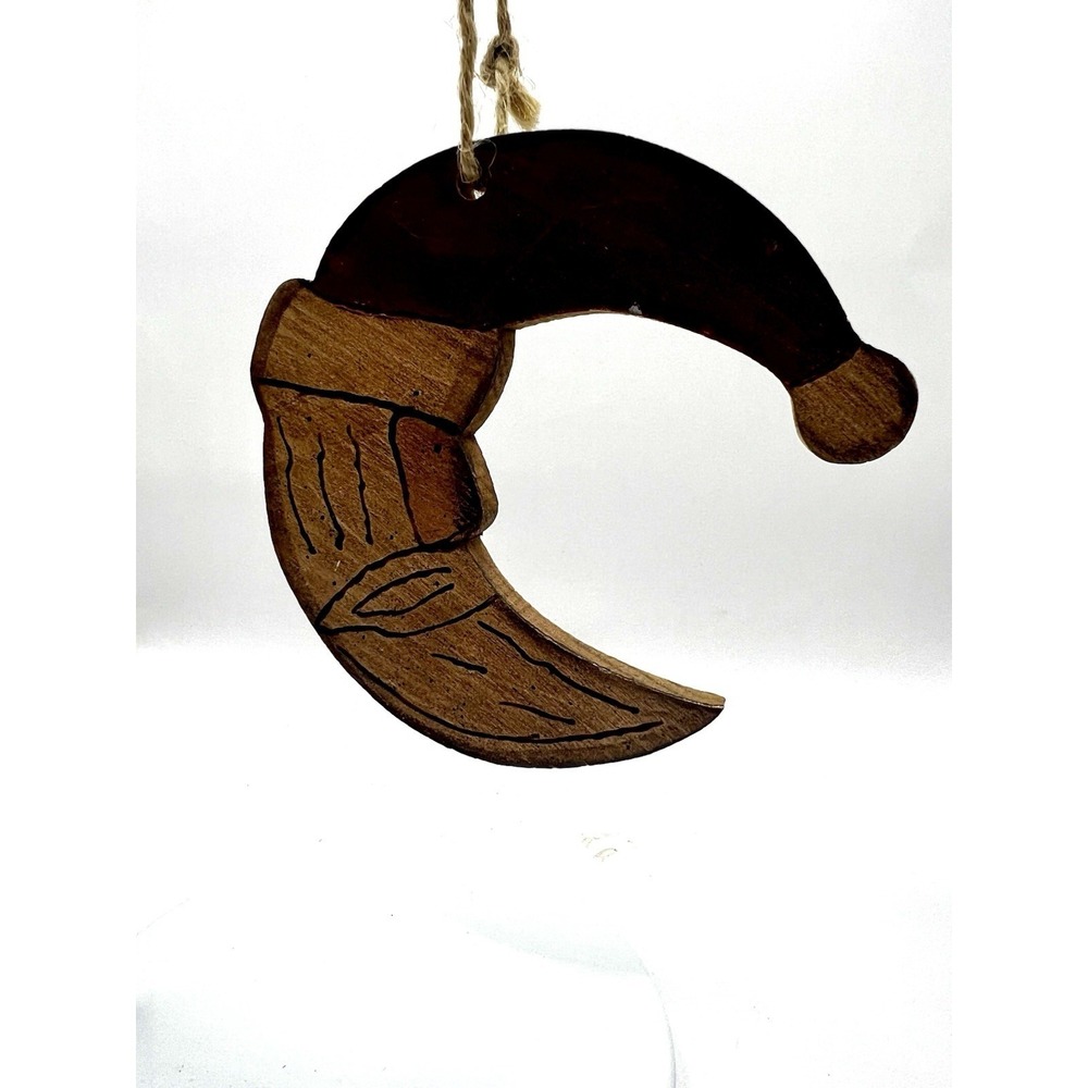 Vintage Carved Wood Half Mood Santa Face Christmas Ornament Crescent Moon 4.5x4"